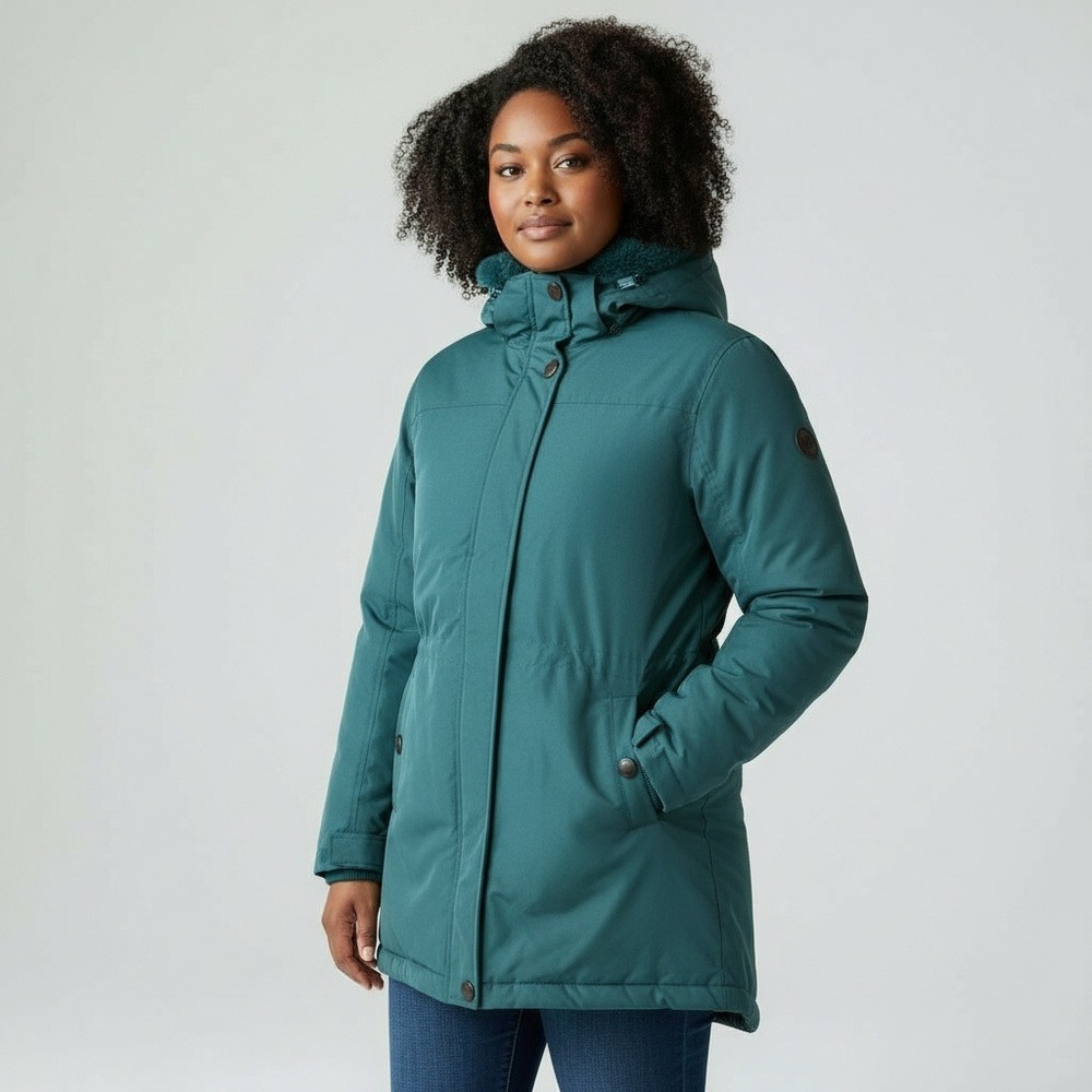 Anthony Richards Parka Women Med Teal Green Hooded Jacket Faux Fur Trim Winter